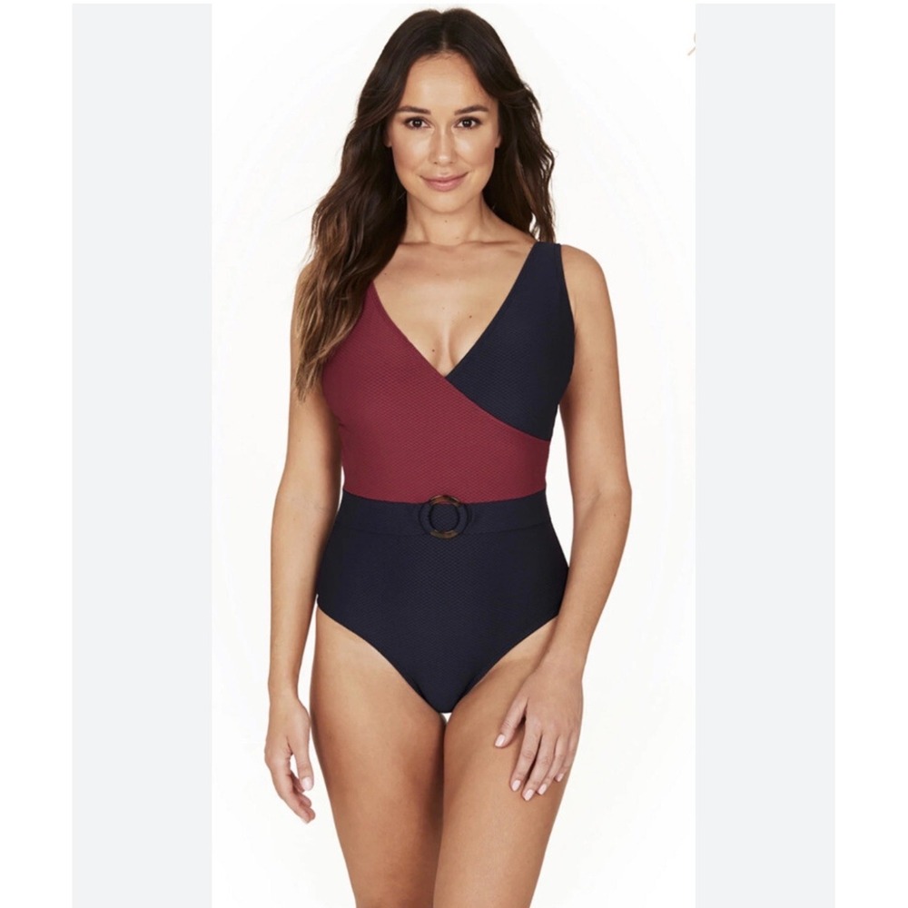 Nip Tuck Swim Colorblock One Piece Swimsuit Navy Rhubarb Textured Size 10